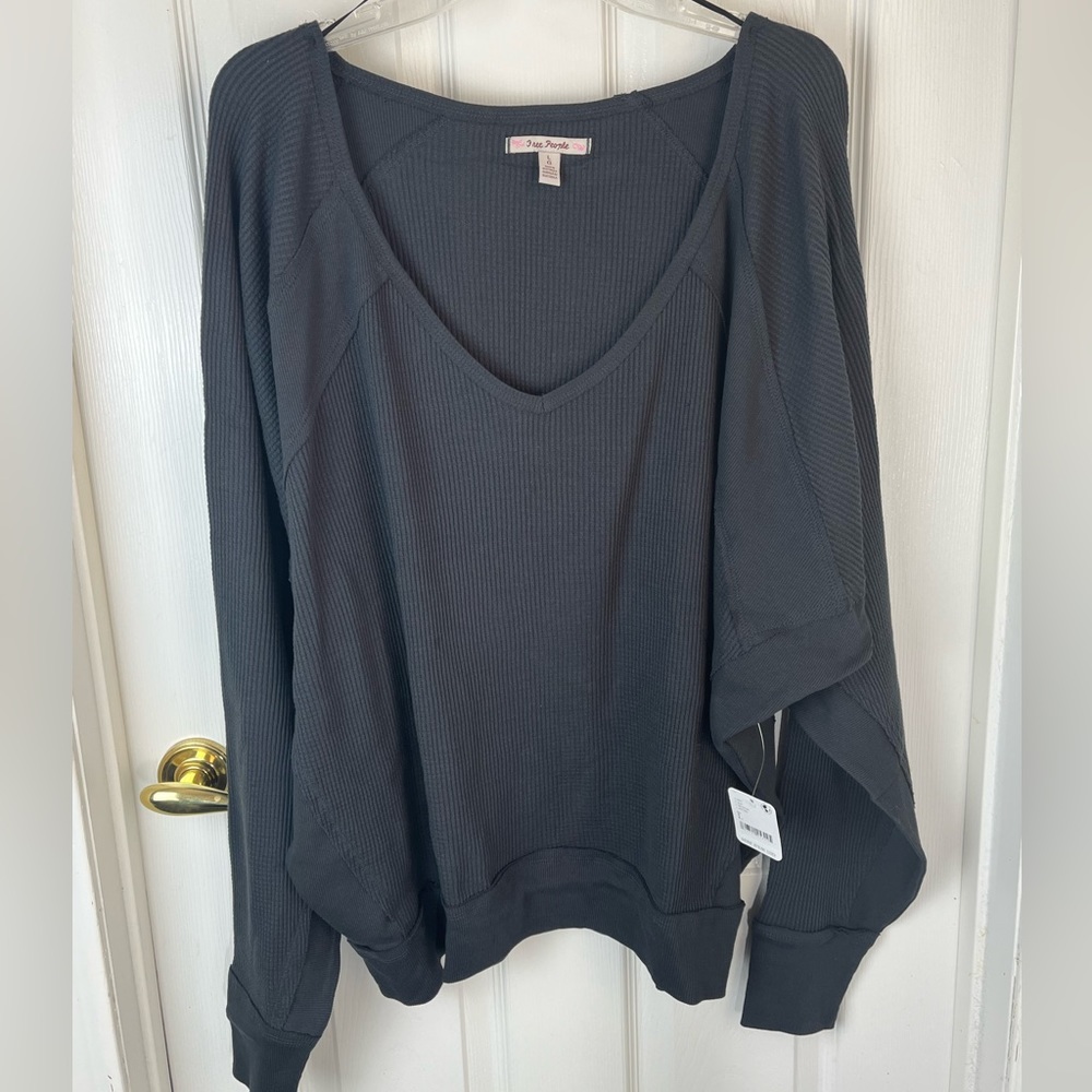 Free People Black V-Neck Waffle Thermal